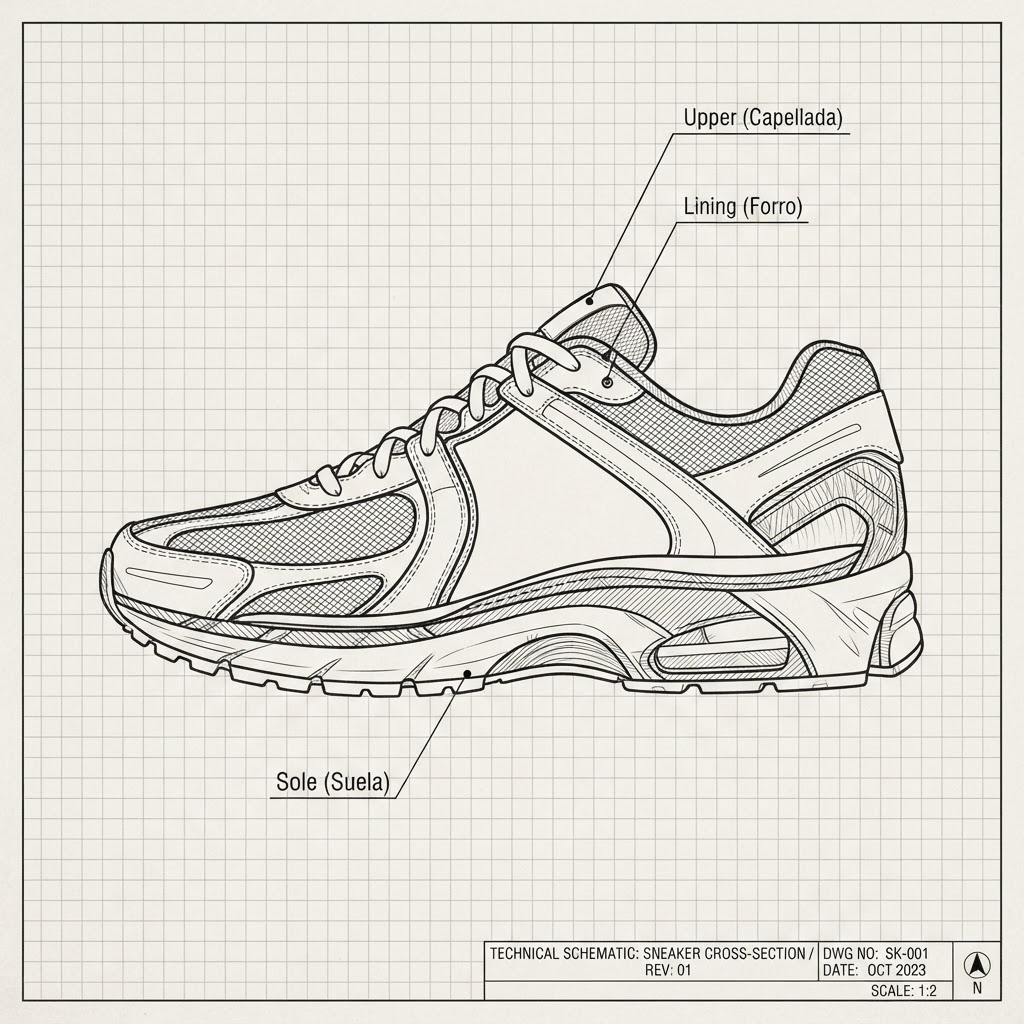 Diagrama técnico en corte de una zapatilla con líneas de referencia hacia la capellada, el forro y la suela.